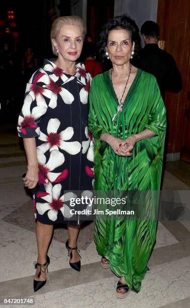 Designer Carolina Herrera and Bianca Jagger attend the premiere of "Manolo: The Boy Who Made Shoes For Lizards" hosted by Manolo Blahnik with The...