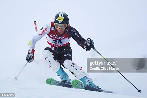 Krystof Kryzl of the Czech Republic skis during the Men's Super Combined event held on the Face de Bellevarde course on February 9, 2009 in Val...