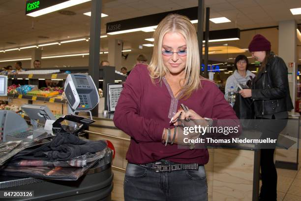 Singer Anastacia is seen at Shoppingcenter 'Das Gerber' to have a look at her new fashion collection on September 14, 2017 in Stuttgart, Germany.