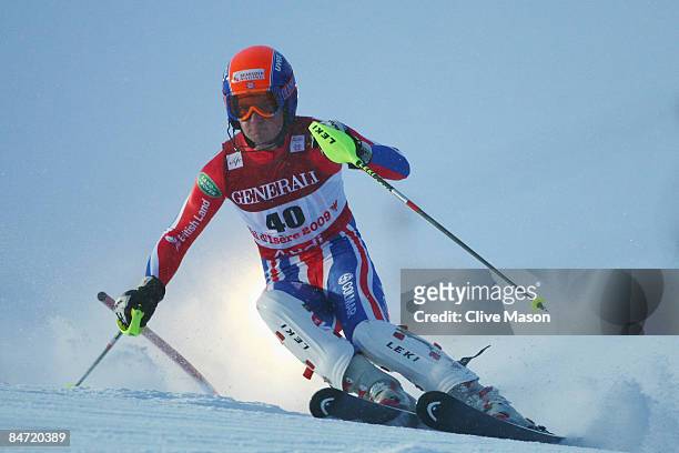 Douglas Crawford of Great Britain skis during the Men's Super Combined event held on the Face de Bellevarde course on February 9, 2009 in Val...