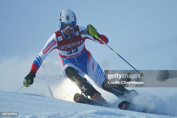 Stepan Zuev of Russia skis during the Men's Super Combined event held on the Face de Bellevarde course on February 9, 2009 in Val d'Isere, France.