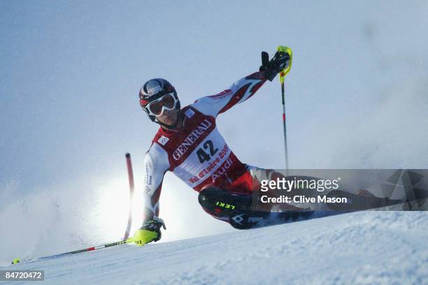 Nikola Chongarov of Bulgaria skis during the Men's Super Combined event held on the Face de Bellevarde course on February 9, 2009 in Val d'Isere,...