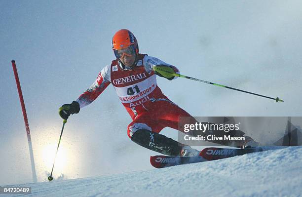 Stefan Jon Sigurgeirsson of Israel skis during the Men's Super Combined event held on the Face de Bellevarde course on February 9, 2009 in Val...