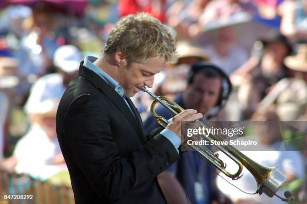 American Jazz musician Chris Botti plays trumpet as he performs onstage during the Newport Jazz Festival, Newport, Rhode Island, August 9, 2008.