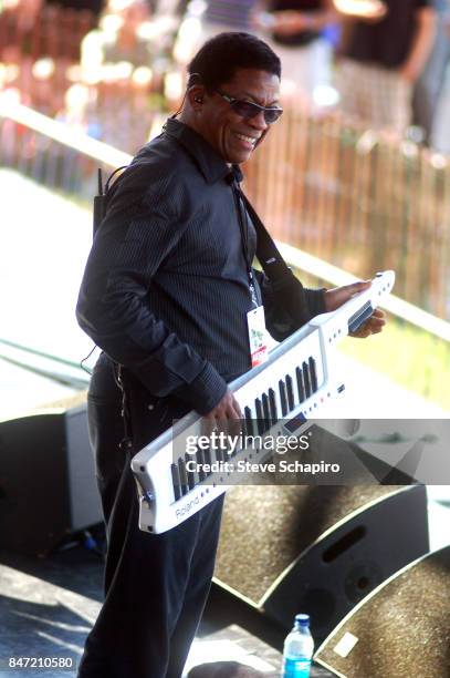 American Jazz musician Herbie Hancock plays keytar as he performs onstage during the Newport Jazz Festival, Newport, Rhode Island, August 10, 2008.