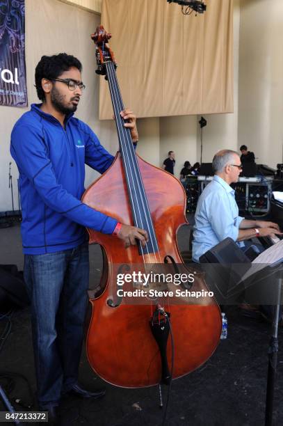 American Jazz musician Harish Raghavan plays upright acoustic bass as he performs onstage during a soundcheck before the Chicago Jazz Festival in...