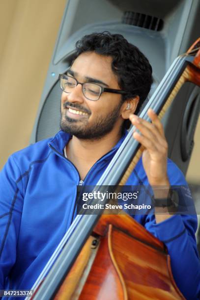 American Jazz musician Harish Raghavan plays upright acoustic bass as he performs onstage during a soundcheck before the Chicago Jazz Festival in...