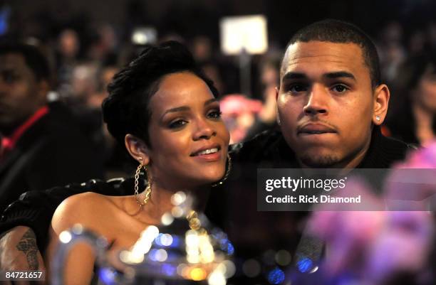 Singers Rihanna and Chris Brown attend the 2009 GRAMMY Salute To Industry Icons honoring Clive Davis at the Beverly Hilton Hotel on February 7, 2009...