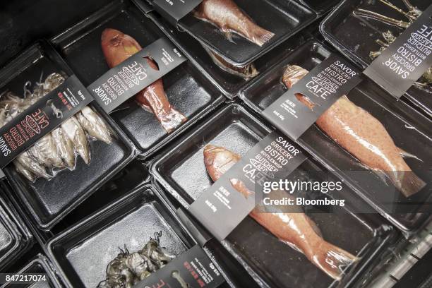 Packaged seafood sits on display at an Alibaba Group Holding Ltd. Hema Store in Shanghai, China, on Tuesday, Sept. 12, 2017. Hema stores are one-stop...