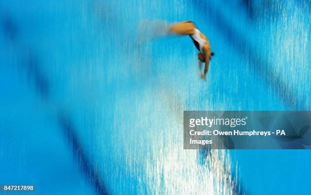 Mexico's Dolores Hernandez competes in the Woman's 3m Springboard semi final during the 18th FINA Visa Diving World Cup at the Aquatics Centre in the...