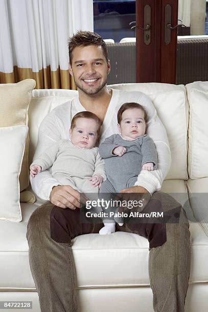 Ricky Martin poses with sons Matteo Martin and Valentino Martin on November 19, 2008 in San Juan, Puerto Rico.