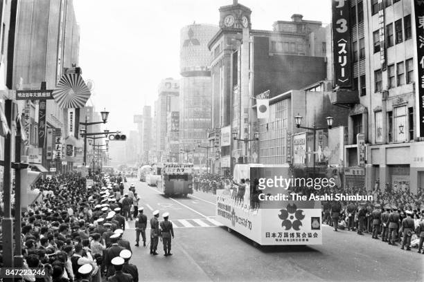 General view of the parade marking the centenary of the start of Meiji era at Ginza district on October 10, 1968 in Tokyo, Japan.