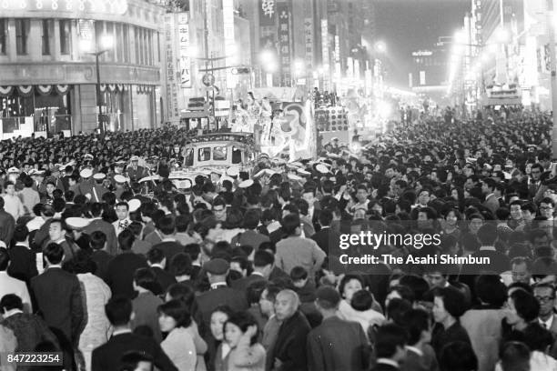 General view of the parade marking the centenary of the start of Meiji era at Ginza district on October 20, 1968 in Tokyo, Japan.