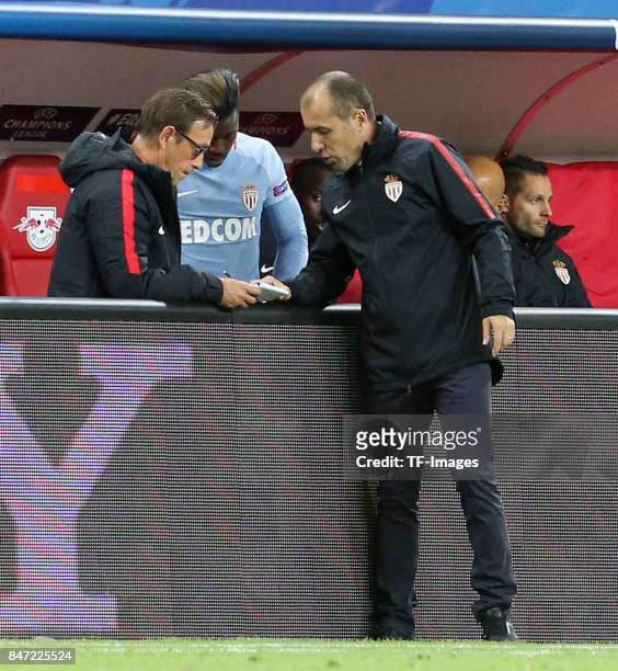Head coach and Leonardo Jardim of AS Monaco during the UEFA Champions League group G match between RB Leipzig and AS Monaco at Red Bull Arena on...