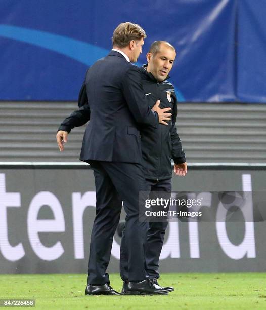 Head coach Ralph Hasenhuettl Head coach and Leonardo Jardim of AS Monaco during the UEFA Champions League group G match between RB Leipzig and AS...