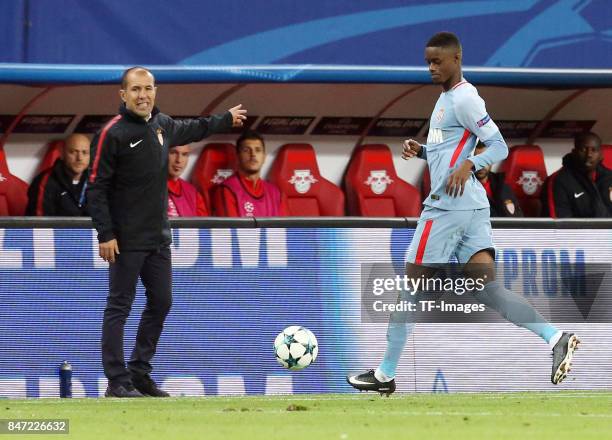 Head coach and Leonardo Jardim of AS Monaco looks on during the UEFA Champions League group G match between RB Leipzig and AS Monaco at Red Bull...