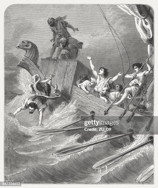 jonah thrown into the sea (jonah 1), published 1886 - hoverboard stock illustrations