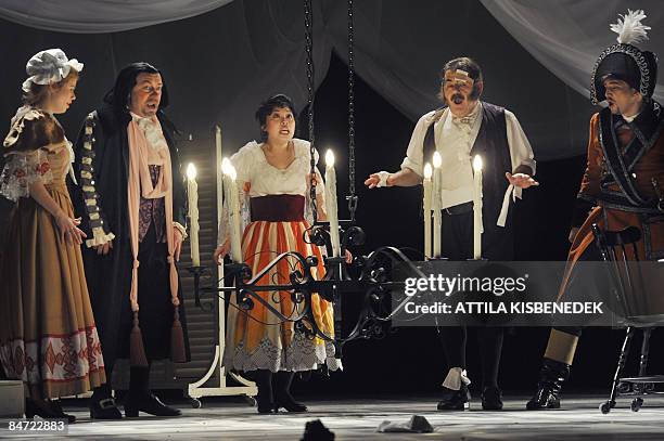 Singers of the Hungarian State Opera House including Chinese Yang Li playing in the character of Rosina perform in Budapest on February 10, 2009...