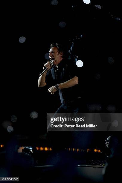 Super Bowl XLIII: Bruce Springsteen and the E Street Band perform halftime show during Pittsburgh Steelers vs Arizona Cardinals game. Tampa, FL...