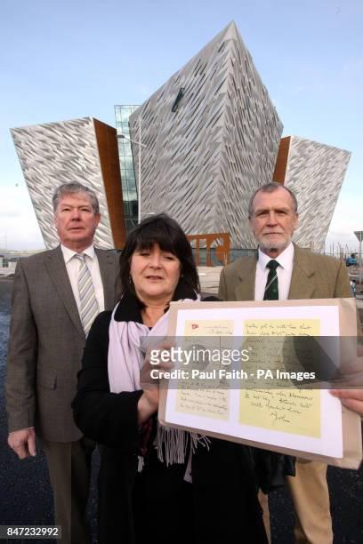 Kate Dornan ,with her brother Dr John Martin and their cousin Dr Denis Martin, with a copy of the letter from their great uncle Dr John Edward,...