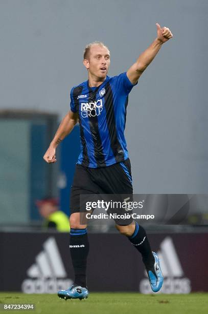 Andrea Masiello of Atalanta BC celebrates after scoring a goal during the UEFA Europa League group E football match between Atalanta BC and Everton...