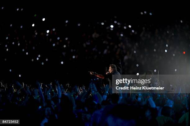 Super Bowl XLIII: Bruce Springsteen and the E Street Band perform halftime show during Pittsburgh Steelers vs Arizona Cardinals game. Tampa, FL...