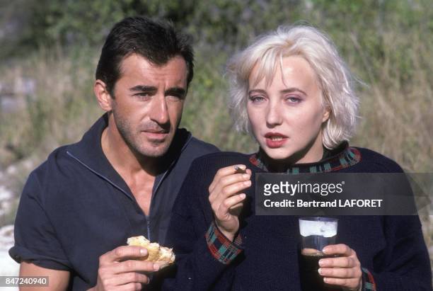 Actress Pauline Lafont with actor Cristophe Malavoy on set of French movie 'Deux minutes de soleil en plus' directed by Gerard Vergez in November...