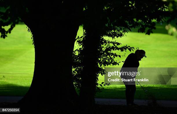 Suzann Pettersen of Norway plays a shot during the weather delayed first round of The Evina Championship at Evian Resort Golf Club on September 15,...