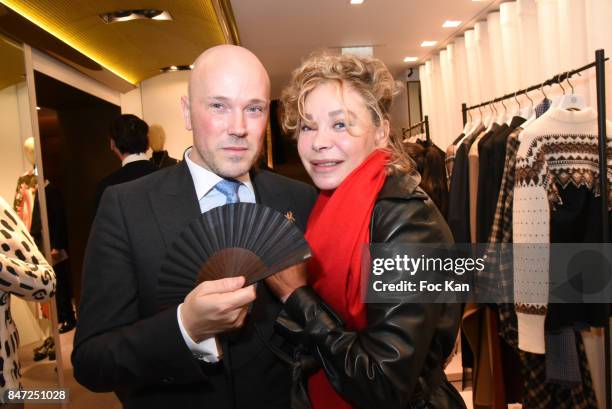 Jon Aguirre Larranaga from Loewe and Grace de Capitani attend the Loewe Cocktail As part of "La Fete Des Vendanges" At Avenue Montaigne on September...