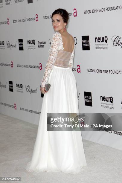 Torrey DeVitto arriving for the Elton John Aids Foundation Academy Awards Viewing Party at West Hollywood Park in Los Angeles, USA.