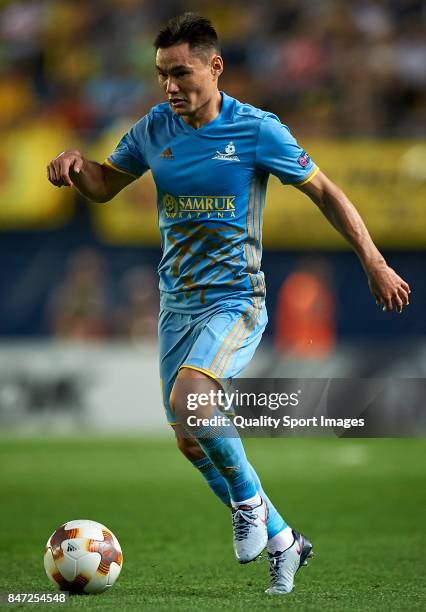 Serikzhan Muzhikov of Astana in action during the UEFA Europa League group A match between Villarreal CF and FK Astana at Estadio de la Ceramica on...