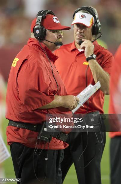 Kansas City Chiefs head coach Andy Reid and offensive coordinator Doug Pederson, right, watch from the sidelines during a preseason game against the...