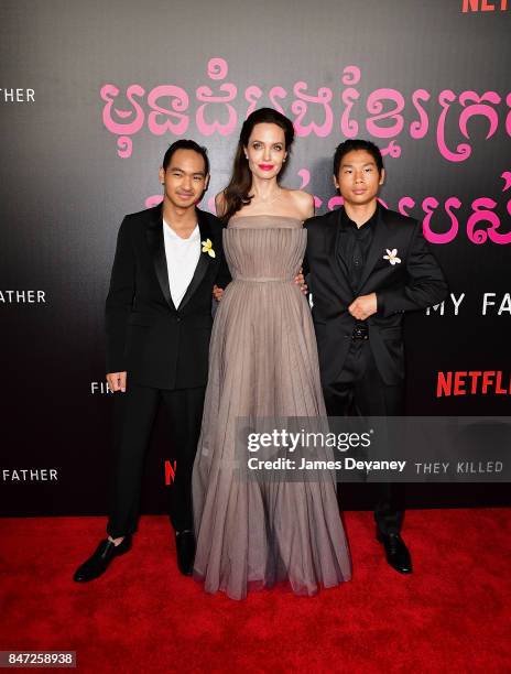 Maddox Jolie-Pitt, Angelina Jolie and Pax Jolie-Pitt arrive to the DGA Theater for the New York premiere of 'First They Killed My Father' on...