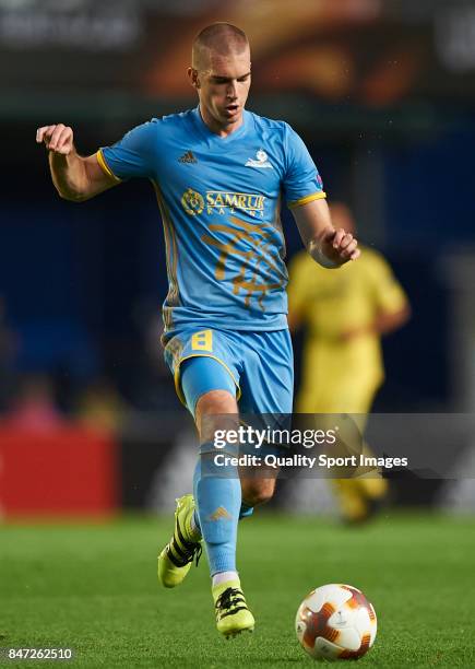 Srdjan Grahovac of Astana in action during the UEFA Europa League group A match between Villarreal CF and FK Astana at Estadio de la Ceramica on...