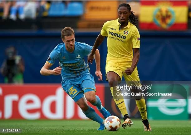 Ruben Alfonso Borges Semedo of Villarreal competes for the ball with Roman Murtazayev of Astana during the UEFA Europa League group A match between...