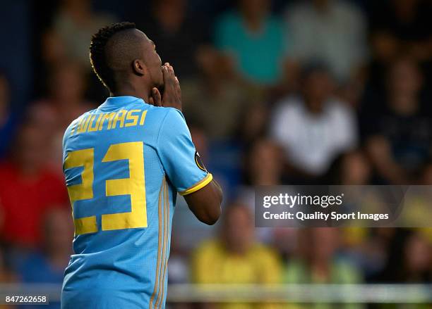 Patrick Twumasi of Astana reacts during the UEFA Europa League group A match between Villarreal CF and FK Astana at Estadio de la Ceramica on...