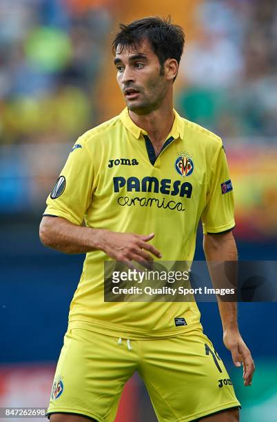 Manuel Trigueros of Villarreal reacts during the UEFA Europa League group A match between Villarreal CF and FK Astana at Estadio de la Ceramica on...