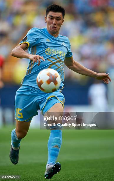 Abzal Beysebekov of Astana in action during the UEFA Europa League group A match between Villarreal CF and FK Astana at Estadio de la Ceramica on...