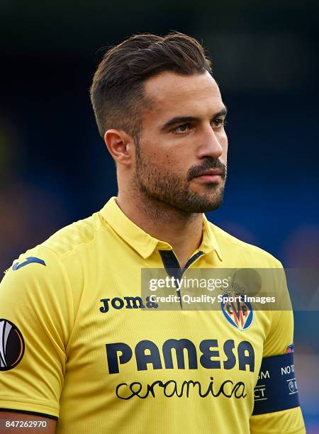 Mario Gaspar of Villarreal looks on prior the UEFA Europa League group A match between Villarreal CF and FK Astana at Estadio de la Ceramica on...