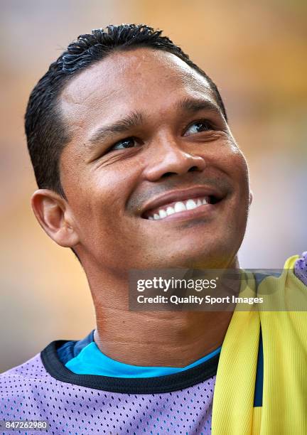 Carlos Bacca of Villarreal looks on prior the UEFA Europa League group A match between Villarreal CF and FK Astana at Estadio de la Ceramica on...