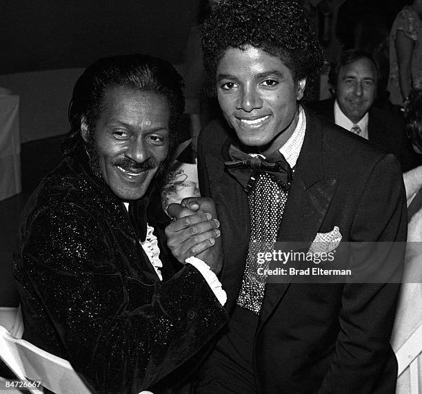 Michael Jackson and Chuck Berry at an Grammy Awards reception at Chasen's restaurant circa 1978 in Los Angeles, California.**EXCLUSIVE**