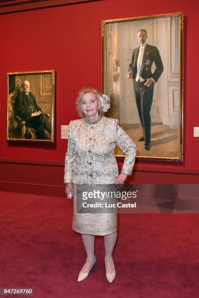 Countess Marianne Bernadotte de Wisborg poses in front of the portrait of King Gustav V during the Swedish Painter Anders Zorn Exhibition at Le Petit...