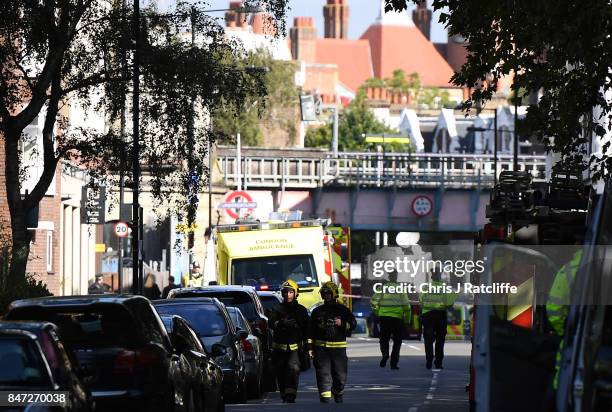 The emergency services are seen near the police cordon at Parsons Green Underground Station on September 15, 2017 in London, England. Emergency...