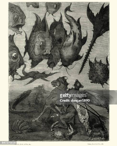 ilustraciones, imágenes clip art, dibujos animados e iconos de stock de aventuras del barón munchausen, me encuentro con grandes peces - monster