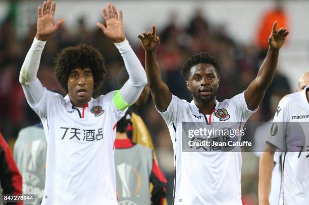 Dante, Adrien Tameze of OGC Nice celebrate the victory following the UEFA Europa League match between SV Zulte Waregem and OGC Nice at...