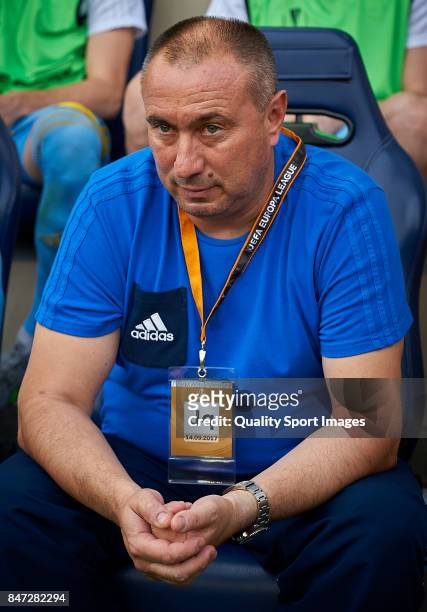 Astana manager, Stanimir Stoilov looks on prior the UEFA Europa League group A match between Villarreal CF and FK Astana at Estadio de la Ceramica on...