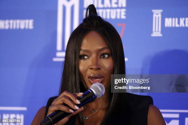 Naomi Campbell, model and businesswoman, speaks at the Milken Institute Asia Summit in Singapore, on Friday, Sept. 15, 2017. The conference concludes...