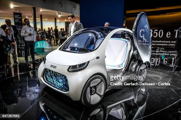 The Smart Vision EQ fortwo on display at the 2017 Frankfurt Auto Show 'Internationale Automobil Ausstellung' on September 13, 2017 in Frankfurt am...