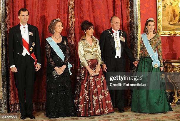 Prince Felipe of Spain, Queen Sofia of Spain, Argentine President Cristina Fernandez de Kirchner, King Juan Carlos of Spain and Princess Letizia of...