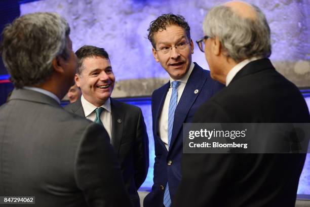 Paschal Donohoe, Ireland's finance minister, second left, and Jeroen Dijsselbloem, Dutch finance minister and head of the group of euro-area finance...